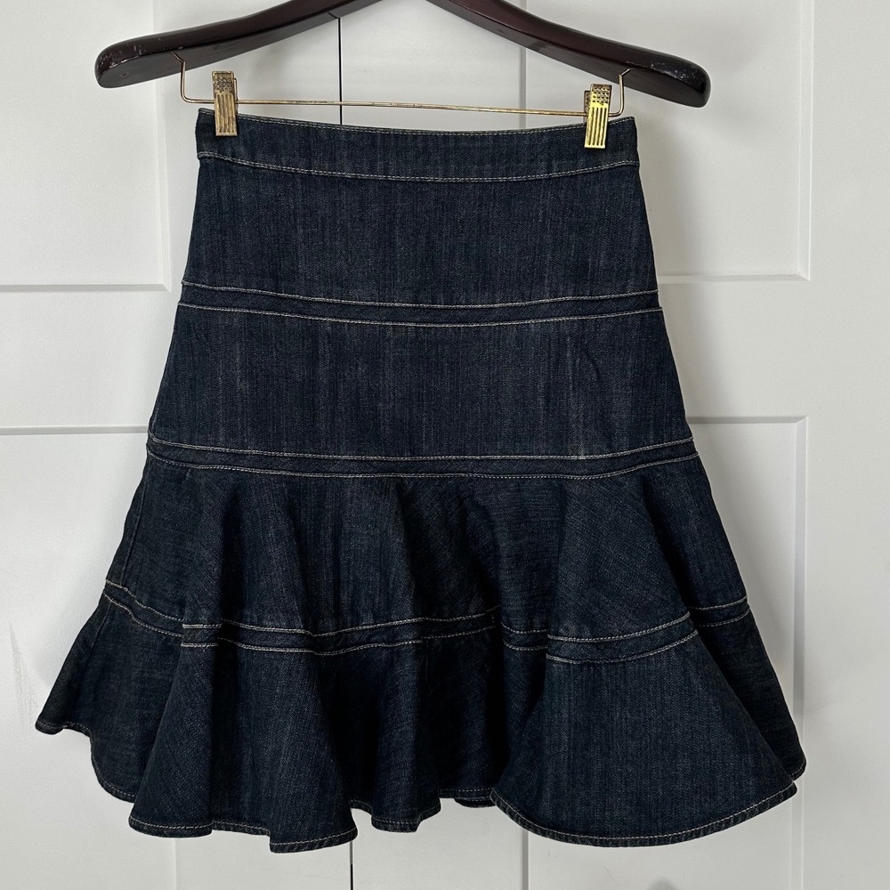 Karen Millen Indigo Denim Tiered Ruffle Mini Skirt Dark Wash Contrast Stitch 4